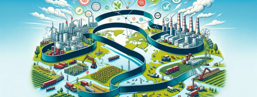 Illustration depicting a global food supply chain, including farms, factories and retailers to depict the process of GFSI Benchmarking